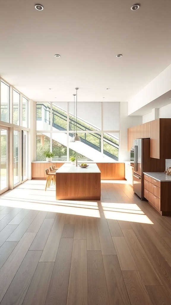 Bright open concept kitchen with large windows and wooden cabinetry.