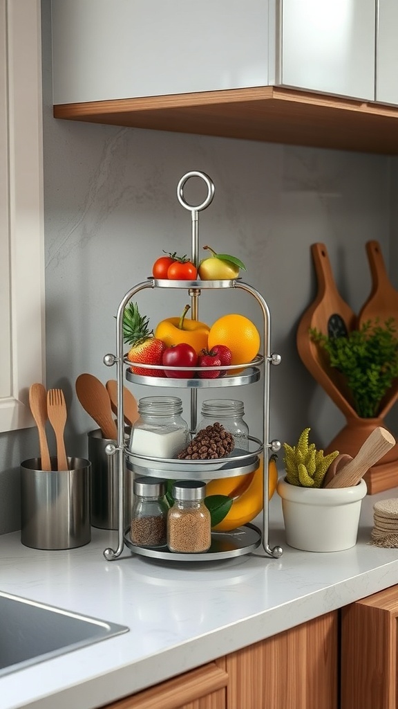 A tiered stand displaying fruits and jars on a kitchen countertop.
