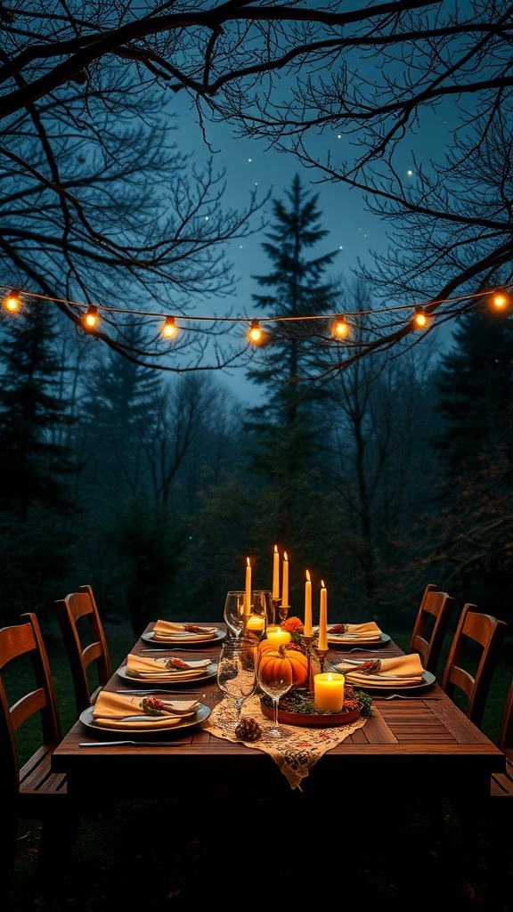 A beautifully set outdoor Thanksgiving table under string lights, featuring candles, pumpkins, and autumn decorations.