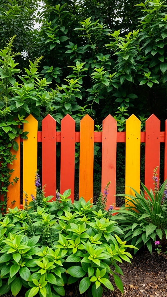 Colorful painted pallet fence with green plants