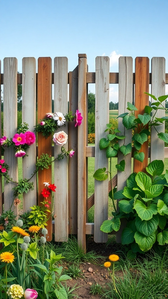 A rustic pallet fence adorned with colorful flowers and greenery, serving as a garden divider.