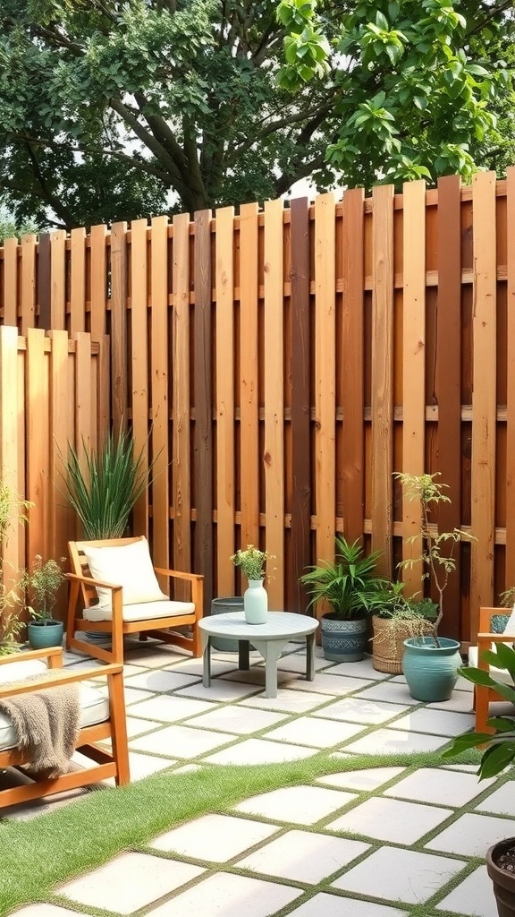 A cozy backyard with a wooden pallet fence, featuring seating and plants.