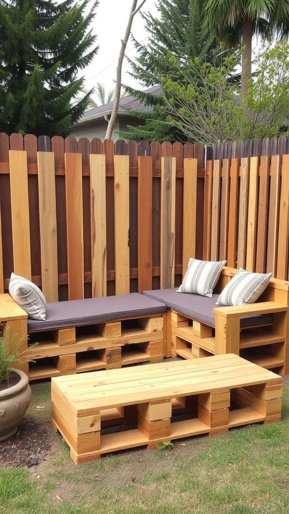 A cozy outdoor seating area made from pallets, featuring a fence and cushions.