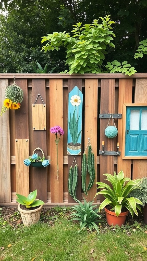 Pallet fence decorated with custom artwork and plants.