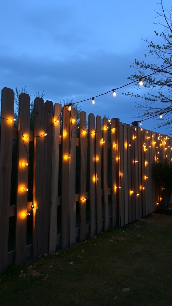 Pallet fence adorned with string lights at dusk