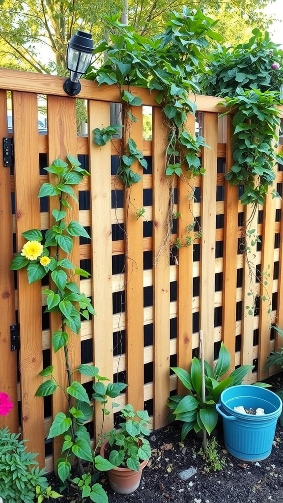 Pallet fence with climbing plants and a trellis, featuring green vines and flowers.
