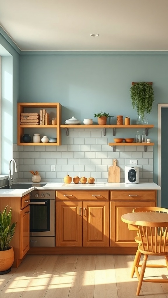A cozy kitchen featuring pastel blue walls, wooden cabinets, and a warm atmosphere.
