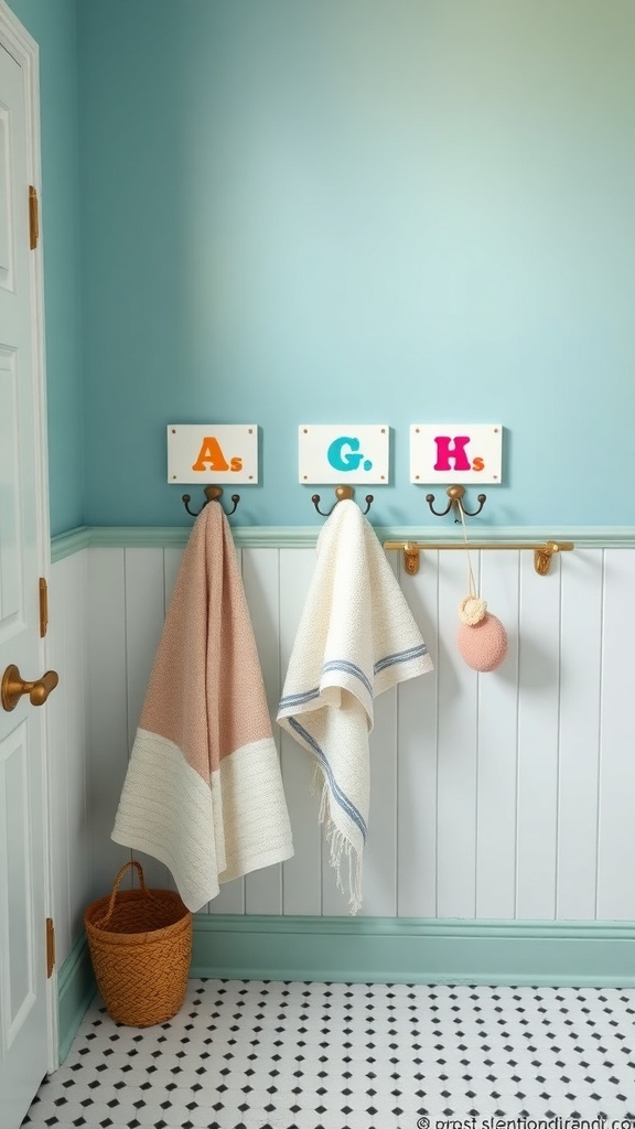 Colorful personalized towel hooks with towels hanging on them in a kids' bathroom.