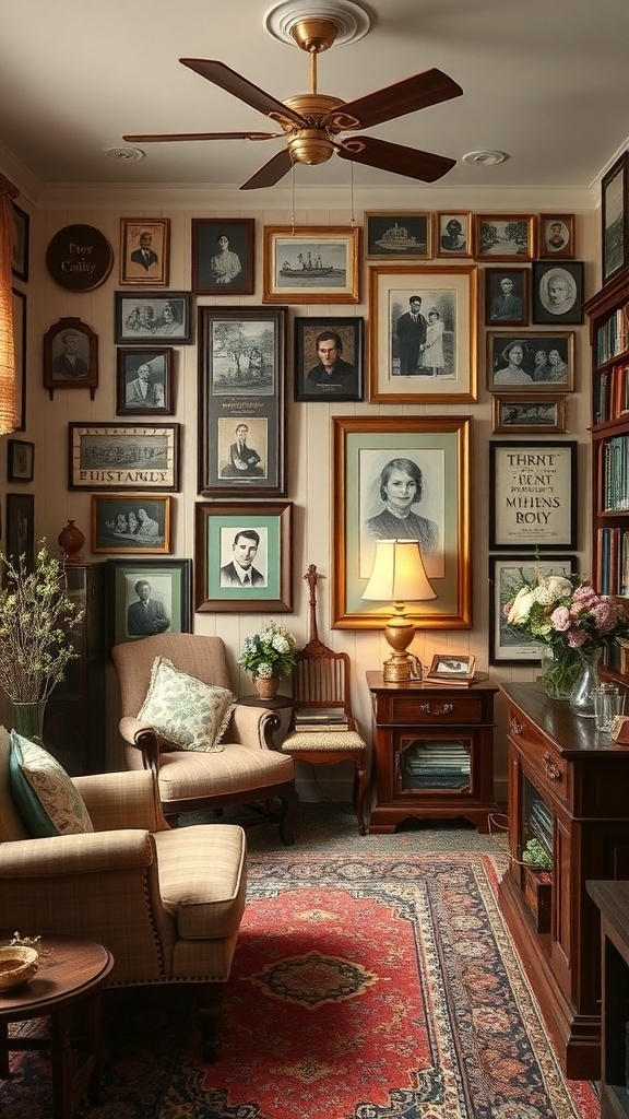 Cozy vintage room with framed photos, a comfortable chair, and warm lighting.