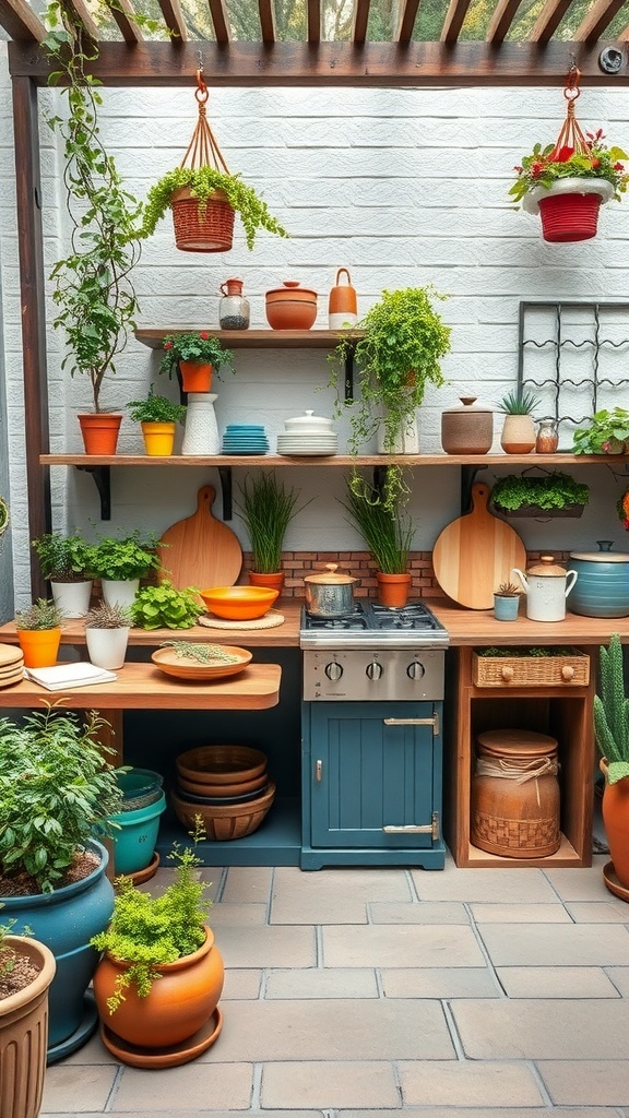 A cozy outdoor kitchen with shelves filled with colorful pots, plants, and kitchen tools, creating a vibrant and personalized space.