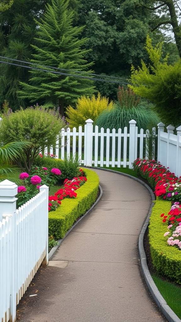 A white picket fence lined with colorful flower beds and a winding path.