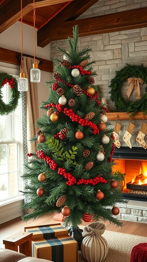 A Christmas tree decorated with pinecones and red berries, surrounded by a cozy living room setting.