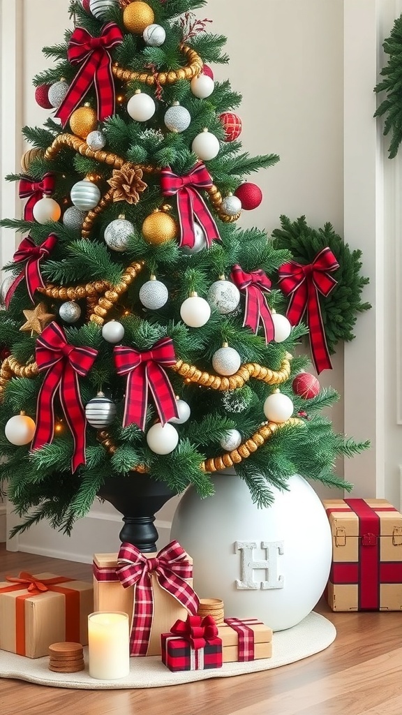 A beautifully decorated Christmas tree with plaid ribbon accents and various ornaments.