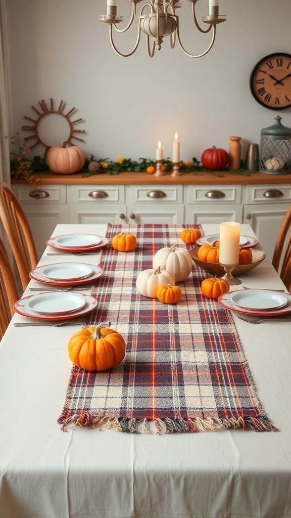 A dining table decorated with a plaid table runner, pumpkins, and candles.