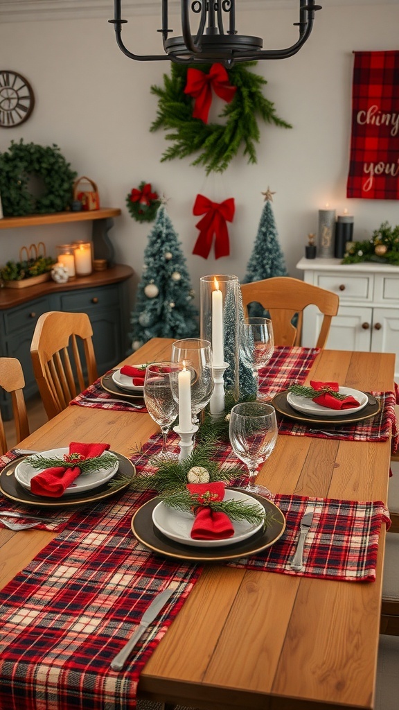 A beautifully set table with plaid decor, featuring red napkins, candles, and holiday greenery.
