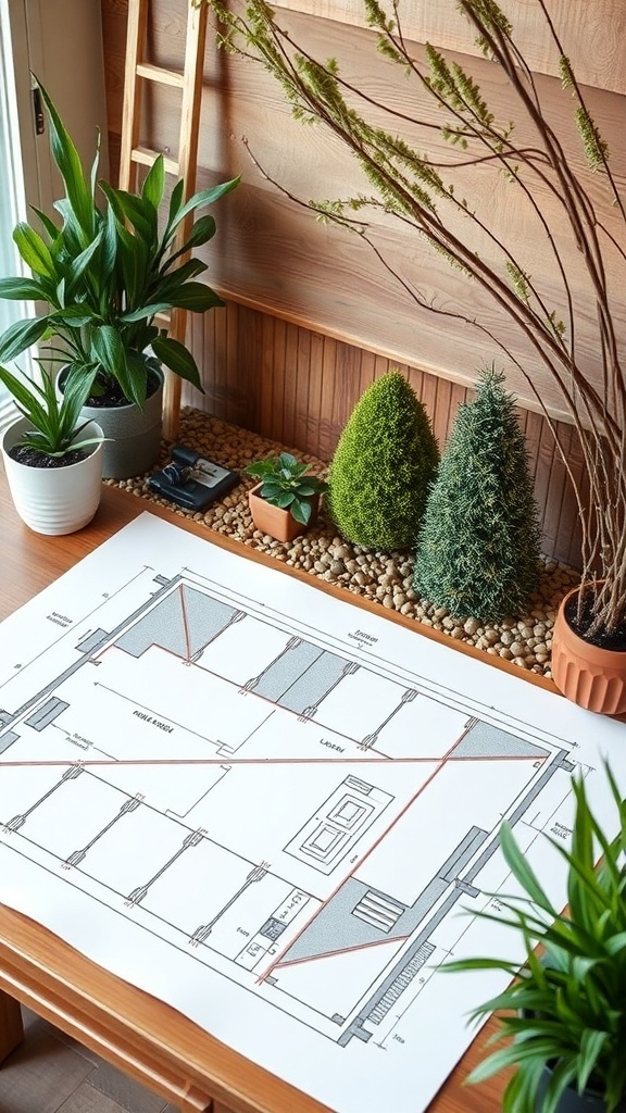 A layout plan for a fence design on a table surrounded by plants.