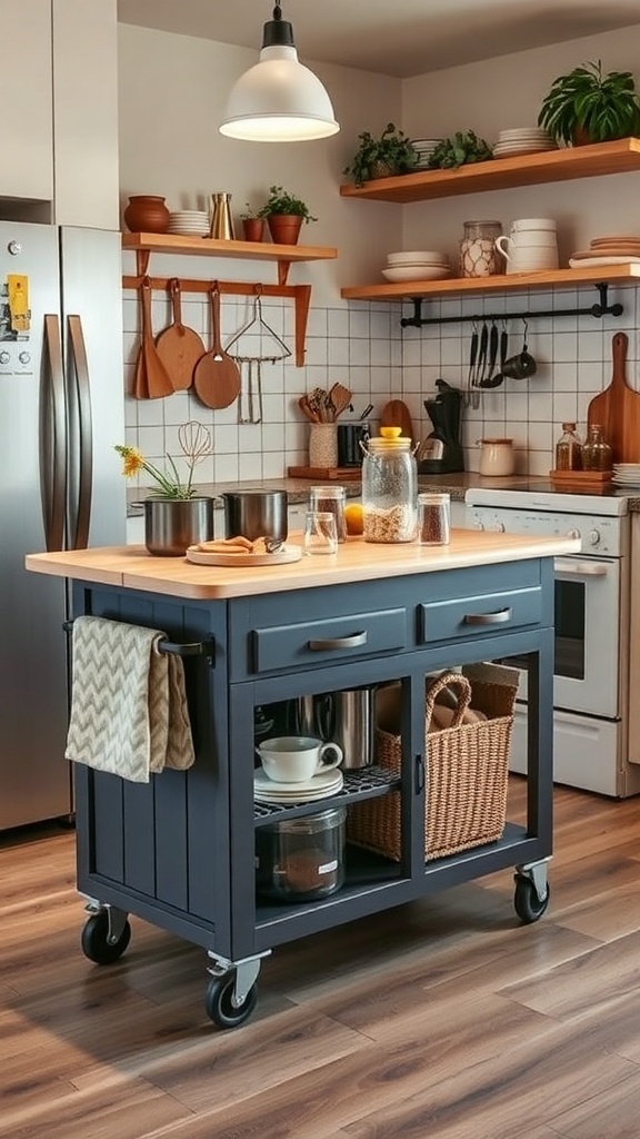 A portable kitchen island on wheels with a wooden top and storage underneath, set in a cozy kitchen.