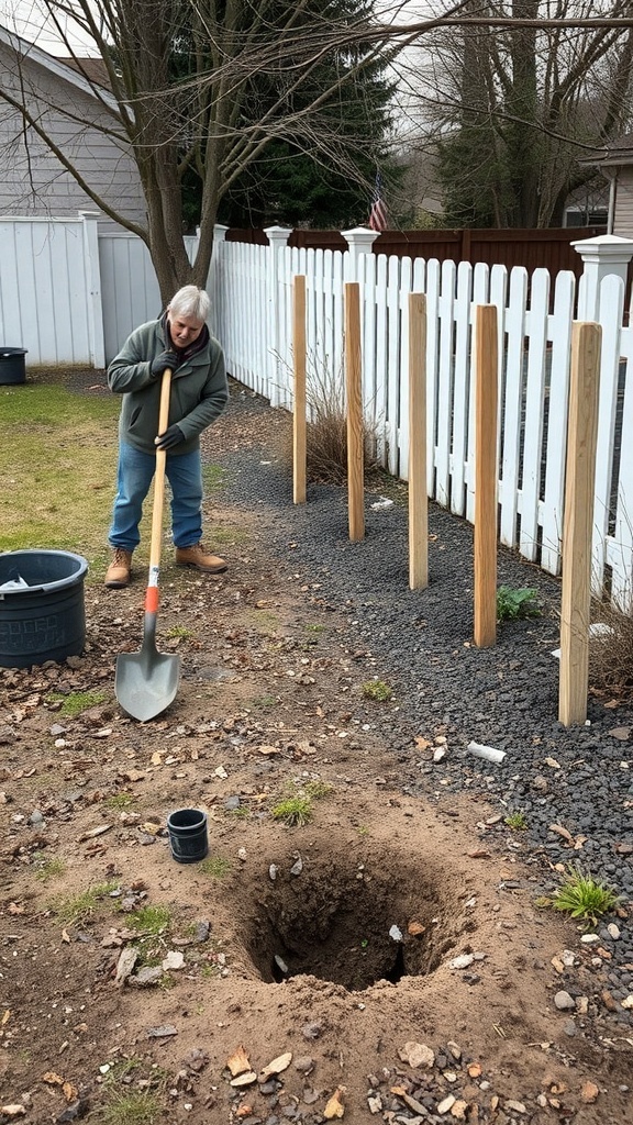 A person digging a hole for a fence post with several posts already in place.