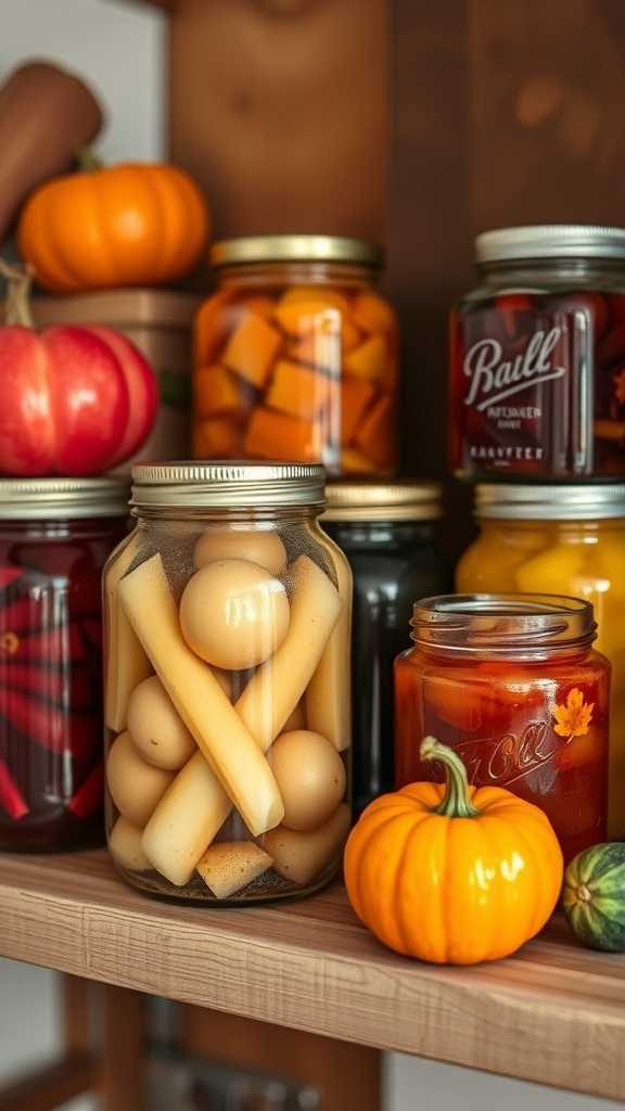 A cozy kitchen shelf filled with jars of canned vegetables and small pumpkins.