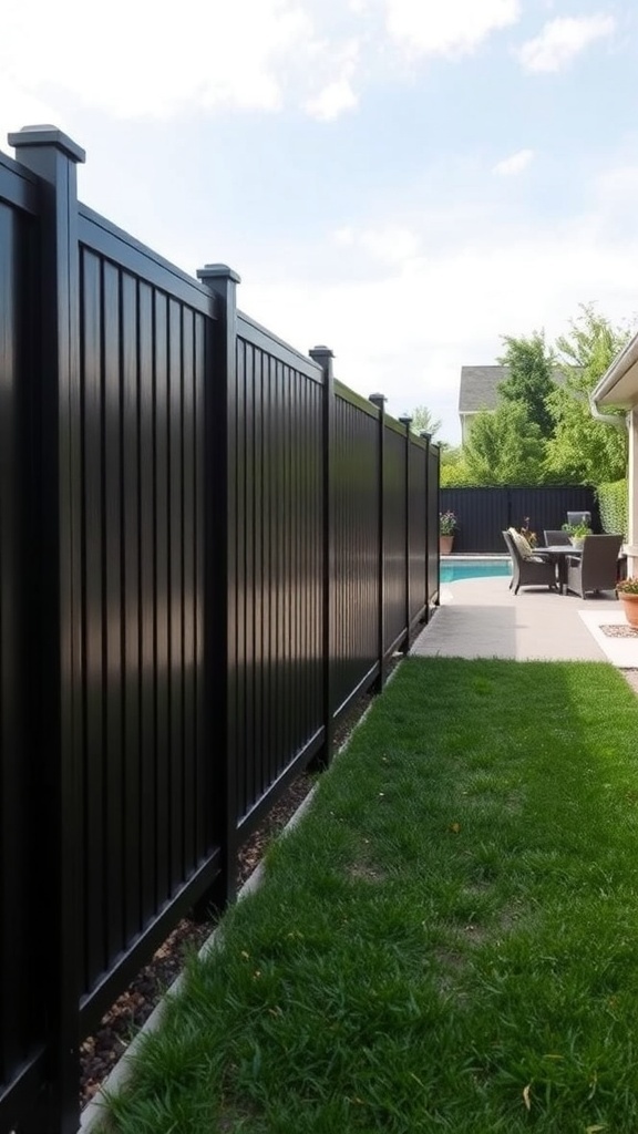 A sleek black vinyl fence providing privacy around a backyard with a pool.