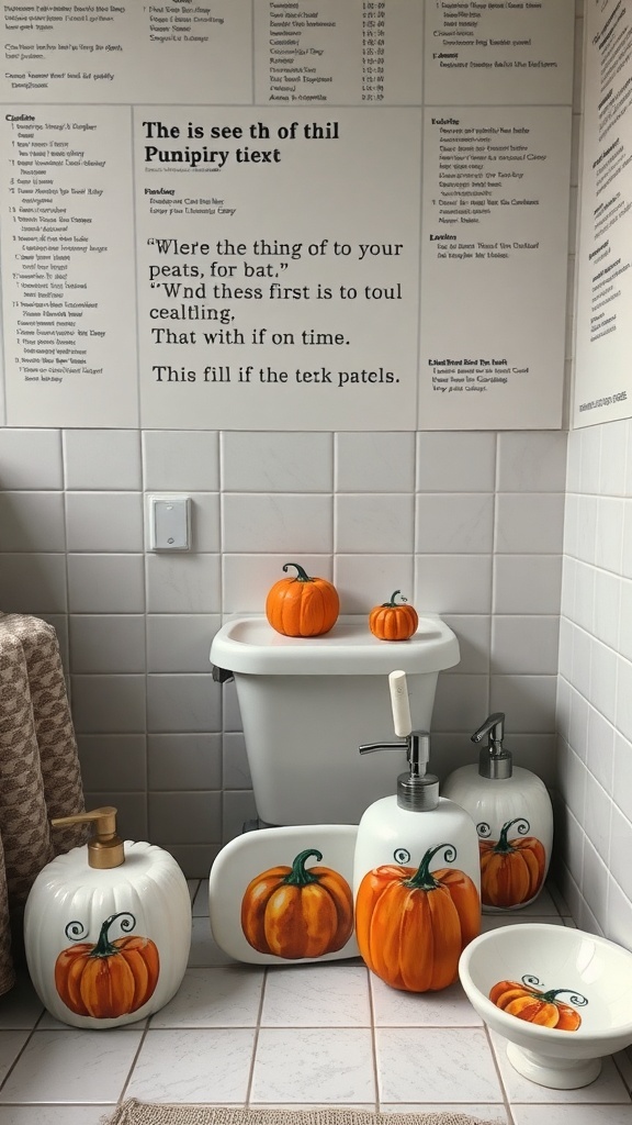 A bathroom decorated with pumpkin-themed accessories, including soap dispensers and small pumpkins.