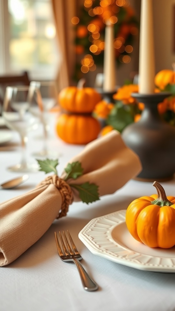 A beautifully set table with pumpkin-themed napkin rings, featuring soft beige napkins tied with twine and small pumpkins.