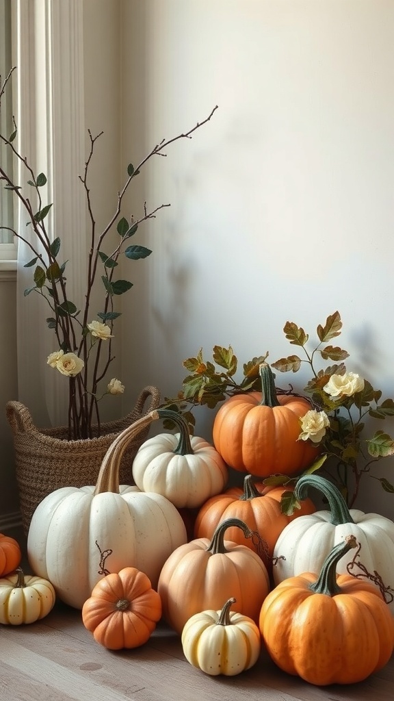 A collection of orange and white pumpkins arranged with branches and flowers in a cozy setting.