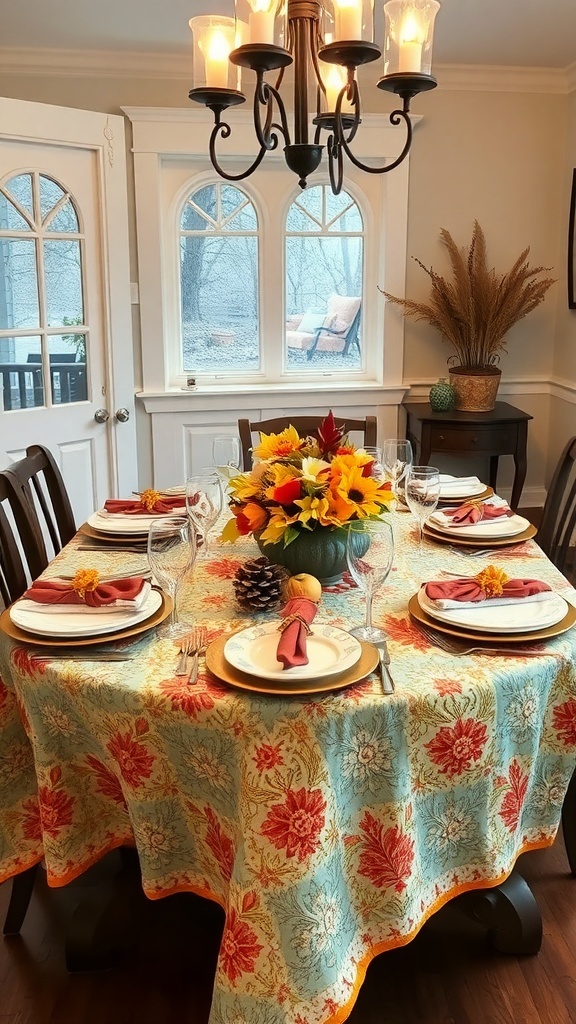 A dining table set with a quilted tablecloth, plates, and a floral centerpiece.