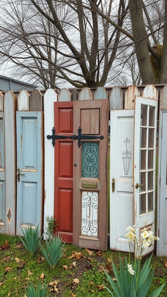 A creative fence made from various reclaimed doors in different colors and styles.