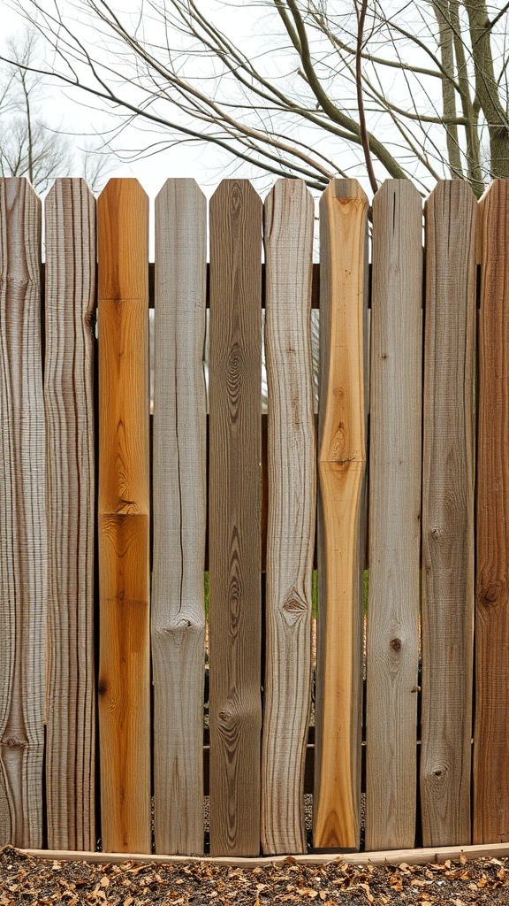 A rustic reclaimed wood fence with varying shades and textures.