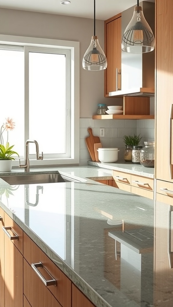 A modern kitchen featuring recycled glass countertops, wooden cabinets, and stylish pendant lighting.