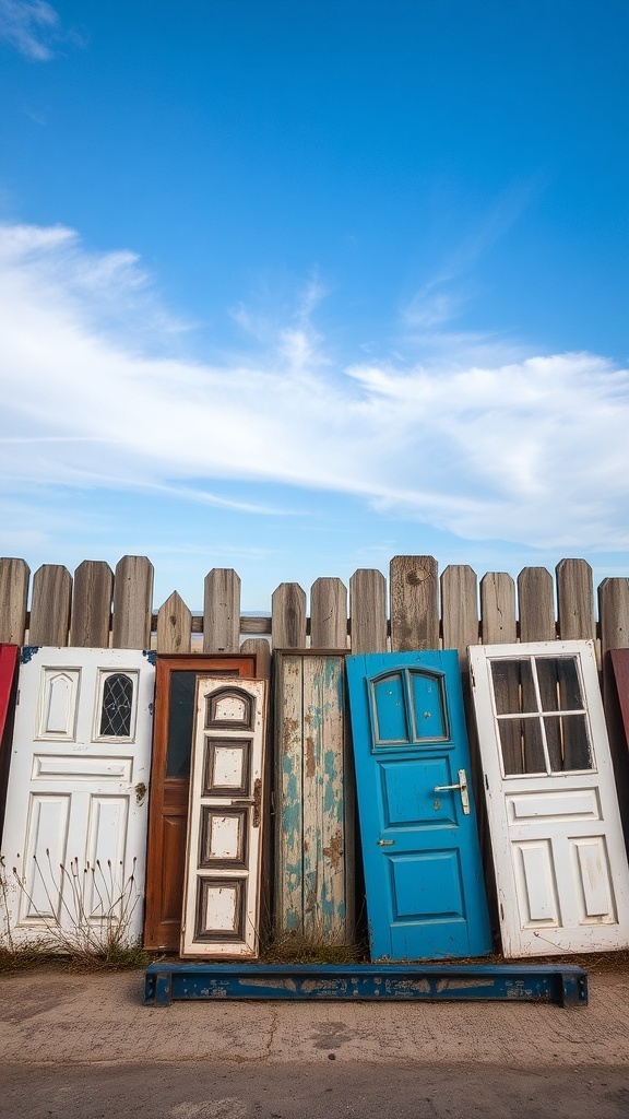 A fence made from various old doors in different colors and styles.