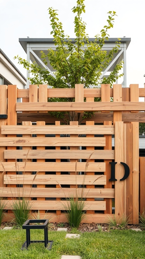 A stylish recycled wood slat fence with greenery and a small table in front.