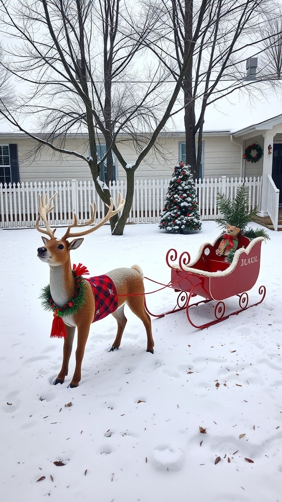 A decorative reindeer pulling a sleigh in a snowy yard with a Christmas tree in the background.