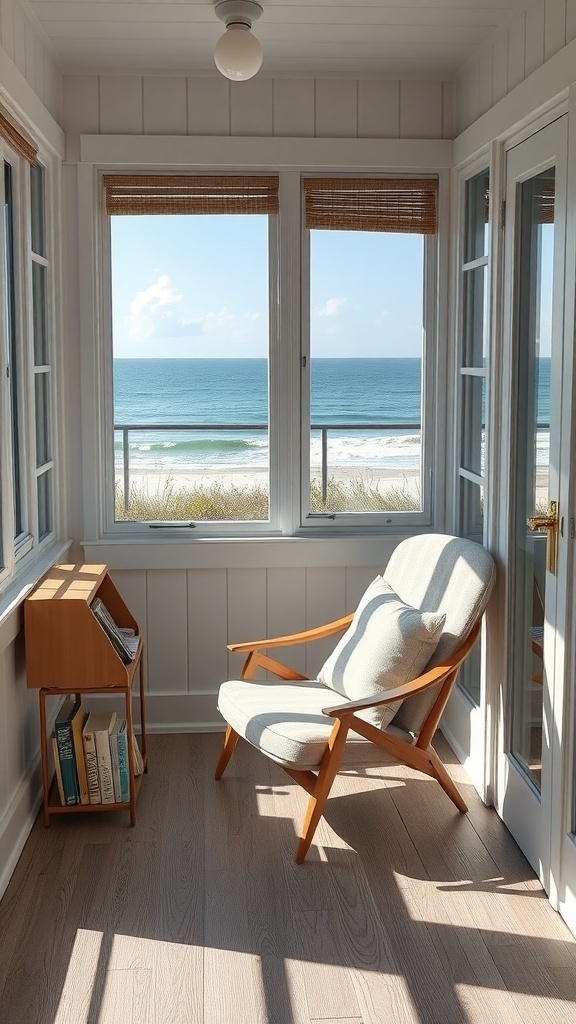 Cozy reading corner with a chair and bookshelf overlooking the beach.