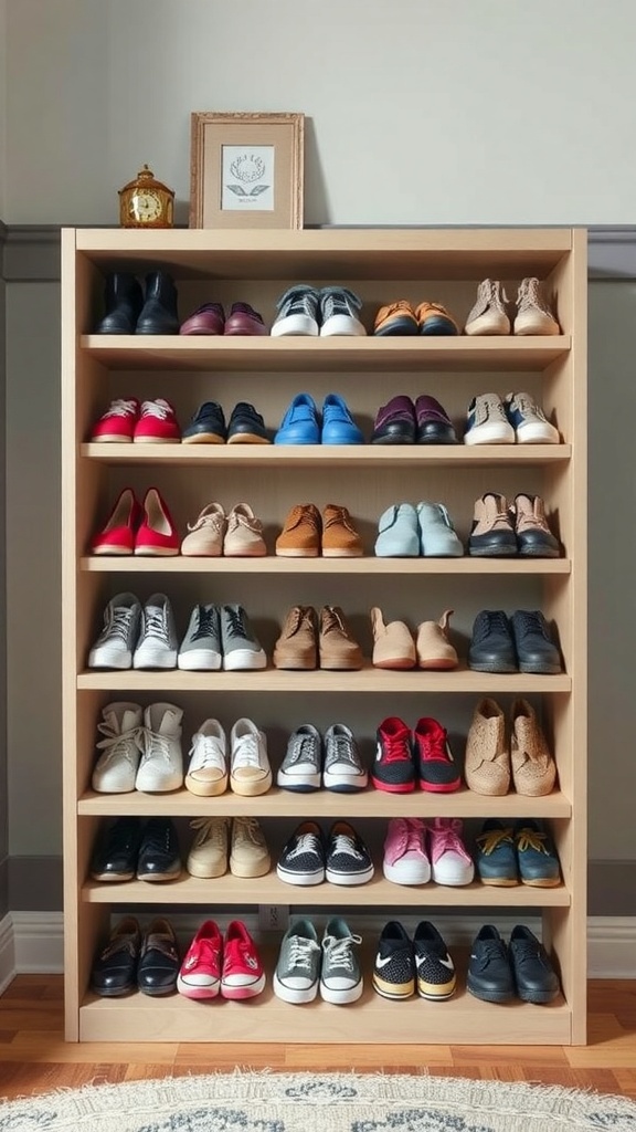 A wooden bookshelf filled with various pairs of shoes arranged neatly.