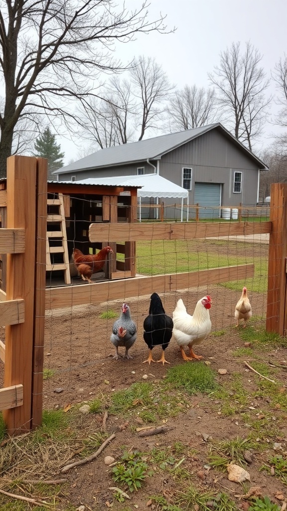 A rustic pallet fence enclosing chickens in a farmyard.