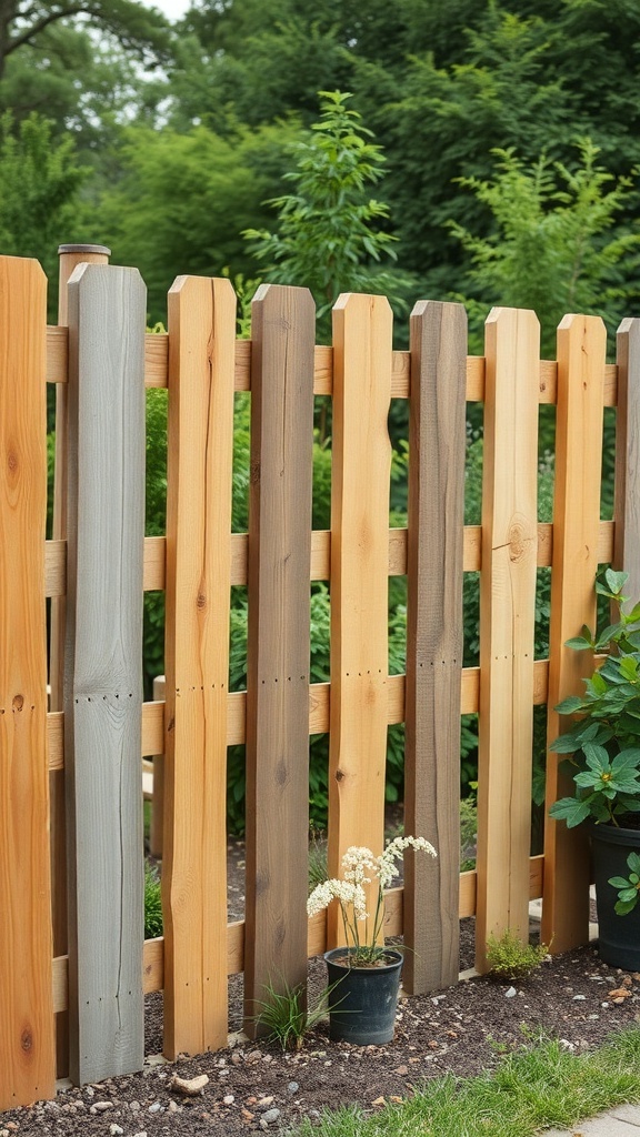 A wooden fence made from repurposed pallets in a garden setting.