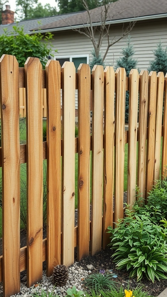 A wooden fence made from repurposed pallets, surrounded by greenery.