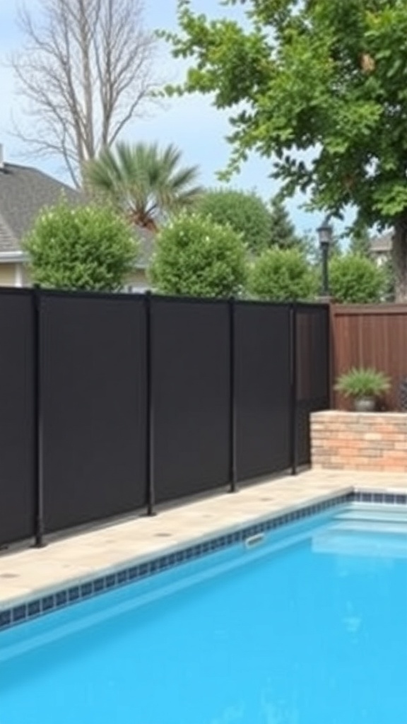 A retractable pool fence surrounding a clear blue pool.