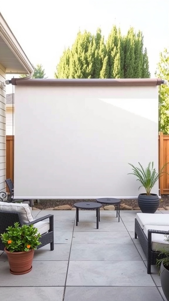 A retractable privacy screen set up in a patio area with seating and plants.
