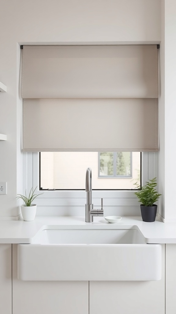 A modern kitchen sink with roller shades above it, featuring a clean and minimalist design.