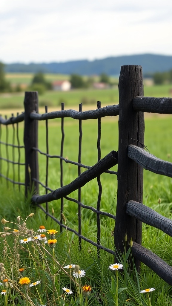 A rustic black wood fence with a grassy field and wildflowers in the foreground.