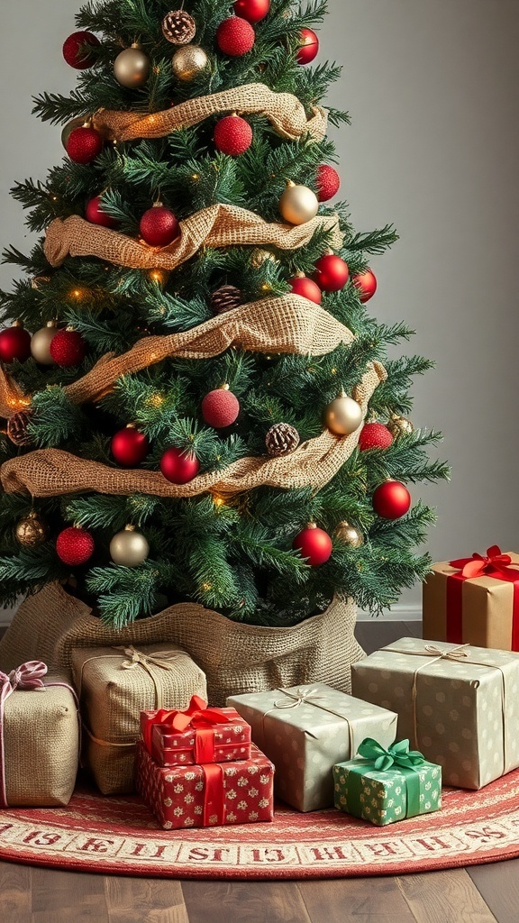 A Christmas tree with a burlap skirt, decorated with red and gold ornaments and surrounded by wrapped gifts.