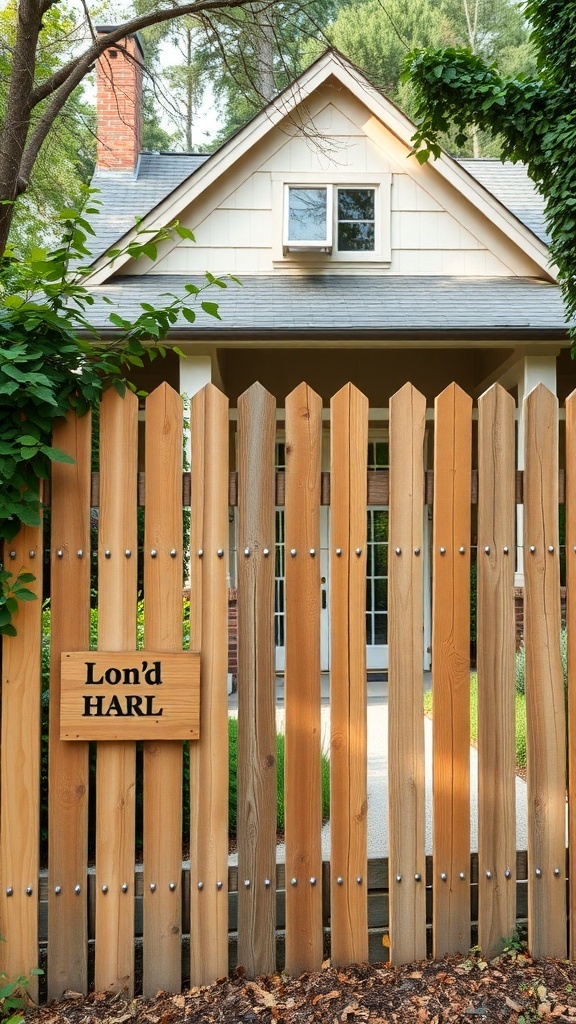A rustic cedar fence with a wooden sign in front of a house