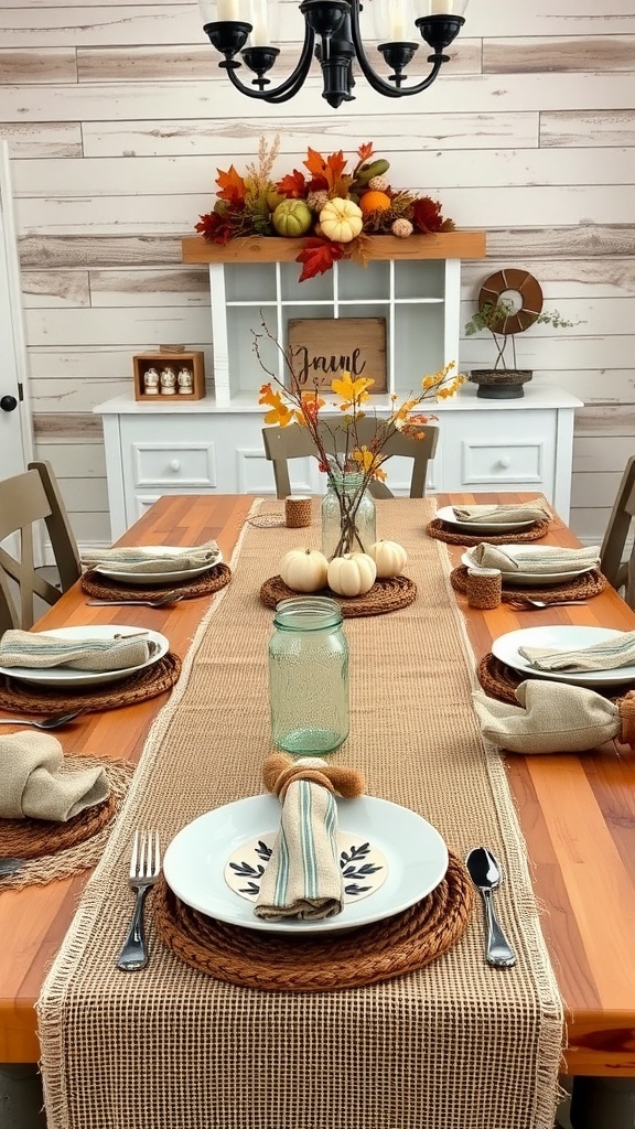 A rustic farmhouse Thanksgiving tablescape featuring a wooden table with a burlap runner, woven chargers, white plates, mason jars, and a centerpiece of autumn leaves and pumpkins.