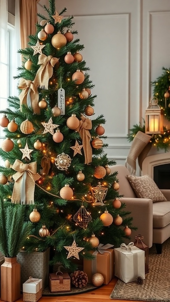 A beautifully decorated rustic farmhouse Christmas tree with earthy tones and natural decorations.