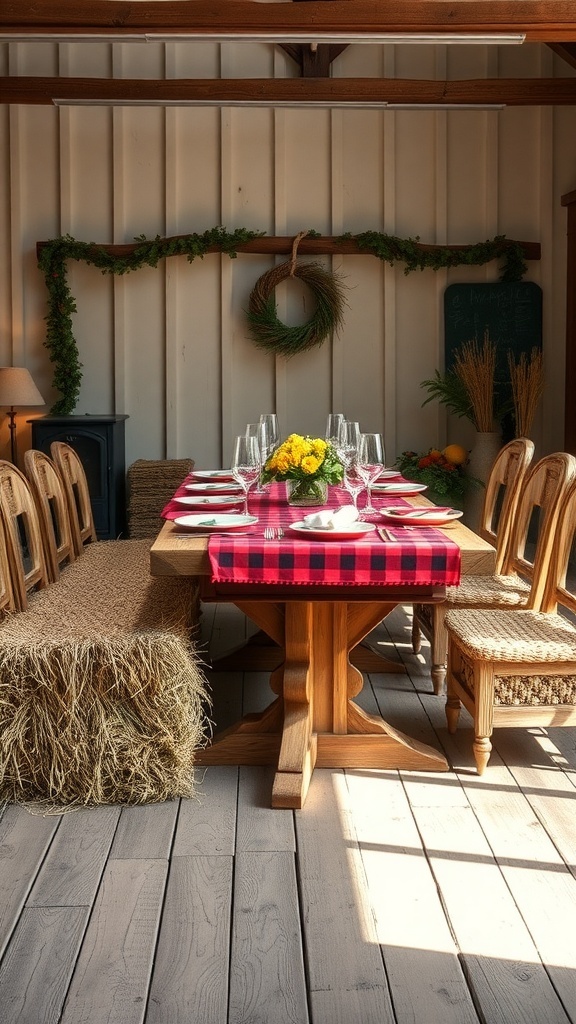 A rustic farmhouse table set for Halloween with hay bale seating and a plaid table runner.