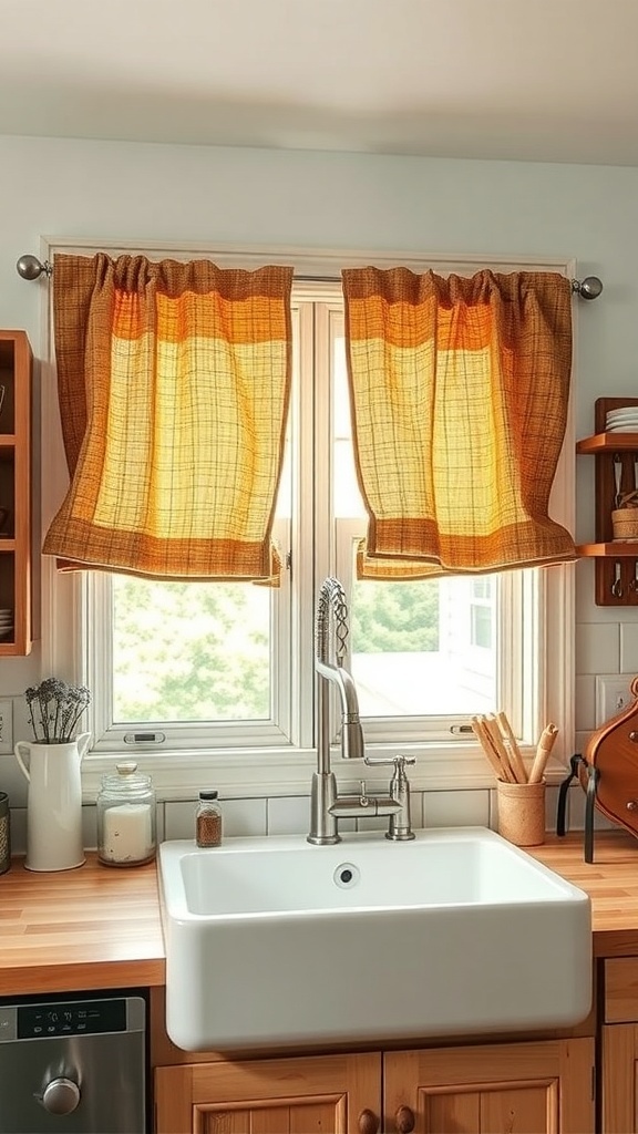Burlap curtains above a farmhouse sink in a rustic kitchen