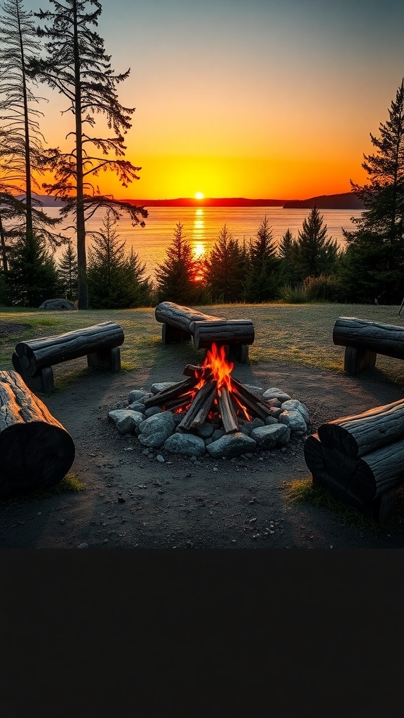 A rustic fire pit surrounded by log seating, with a beautiful sunset over the lake.